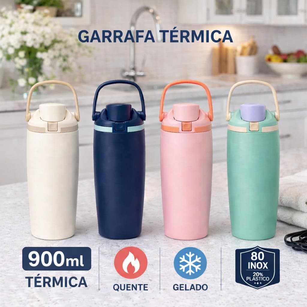 Garrafa térmica com alça 900ml - Sortida com canudo embutido