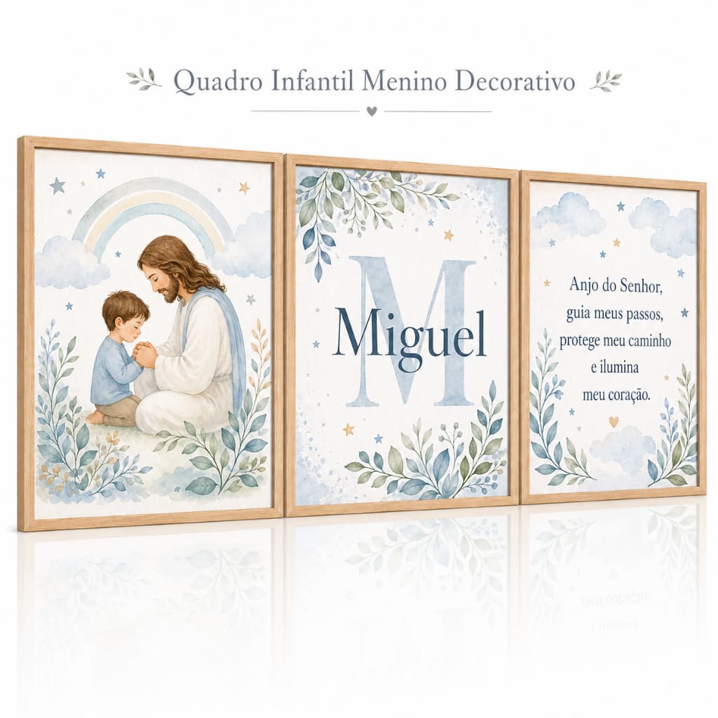Kit 3 Quadros Infantil Menino Personalizado Nome Jesus Bebê Quarto Decoração Religiosa Anjo