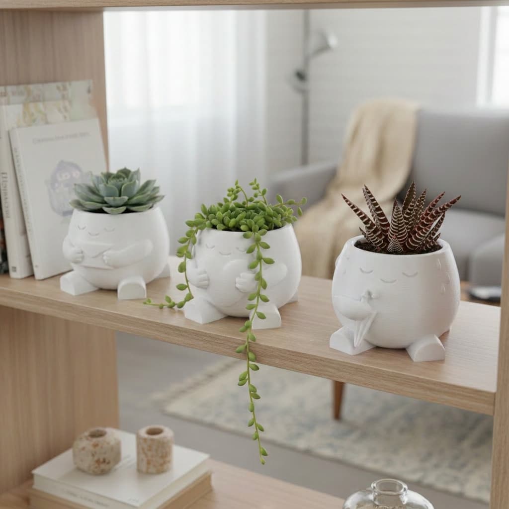 Kit 3 Vasos Minimalistas para Suculentas e Mini Cactos com Personagens Criativos para Decoração de Mesa e Estantes