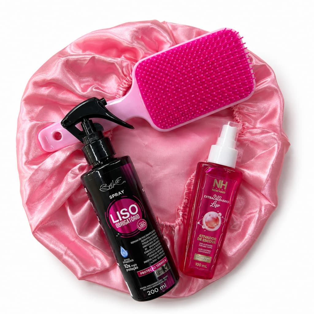 Kit Capilar Completo Proteção Térmica Óleo Reparador Touca Cetim Escova Anti Quebra Cabelo Liso Sem Frizz Brilho