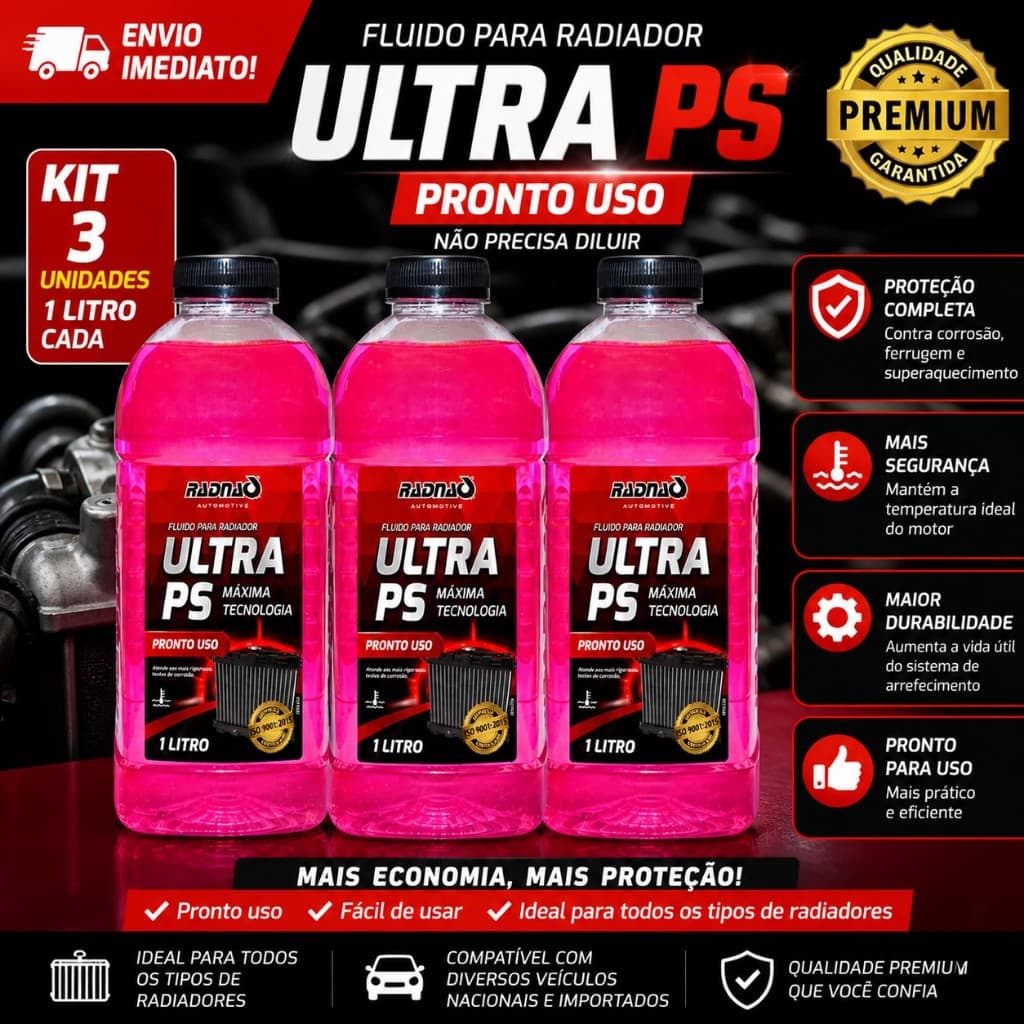 Aditivo Fluido para Radiador Rosa Pronto Uso 1L Ultra PS Aditivo Arrefecimento Proteção Completa Motor