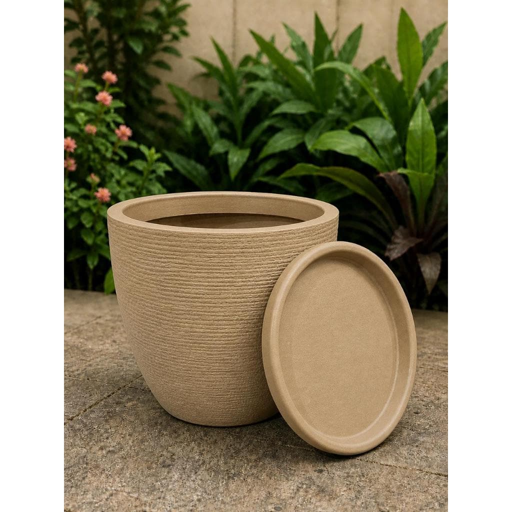 Vaso Bojo Redondo Grande Escovado Com Prato Para Plantas - 41x50x35 cm