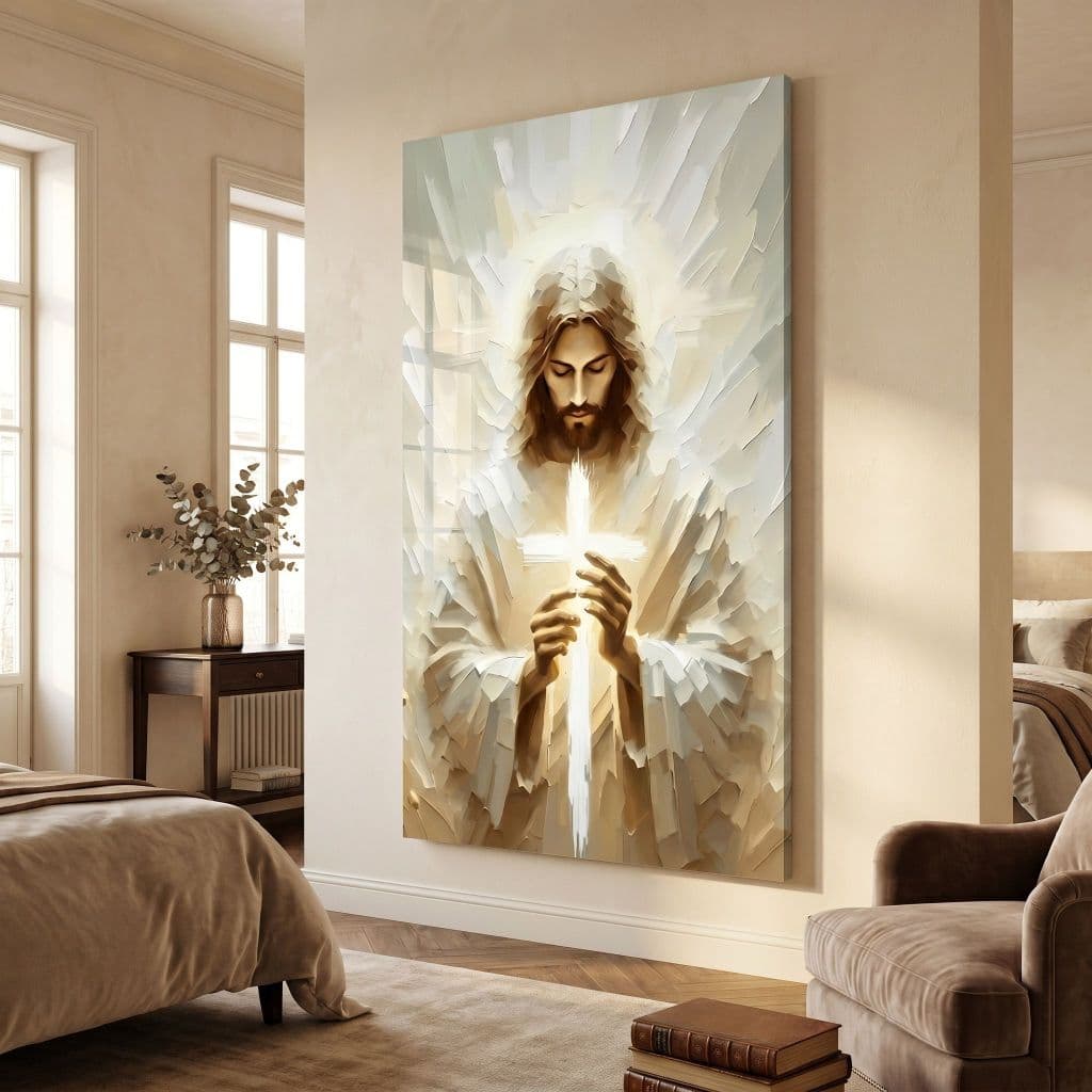 Quadro Decorativo 80x110cm Jesus Cruz Luz Rezando Decoração de Parede Hall Luxo Sala Quarto MDF