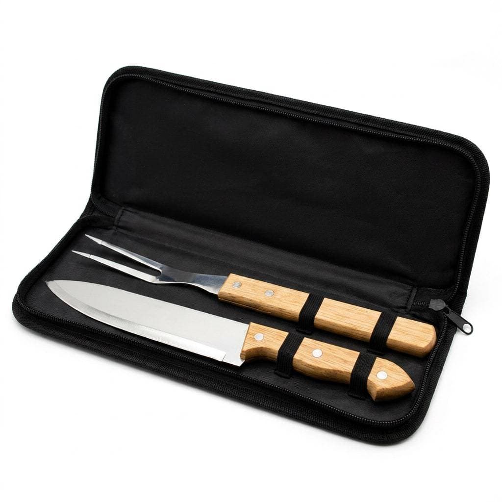 Kit Faca E Garfo de Churrasco Personalizado em Aço Inox e Cabo em Madeira 33cm Com Estojo