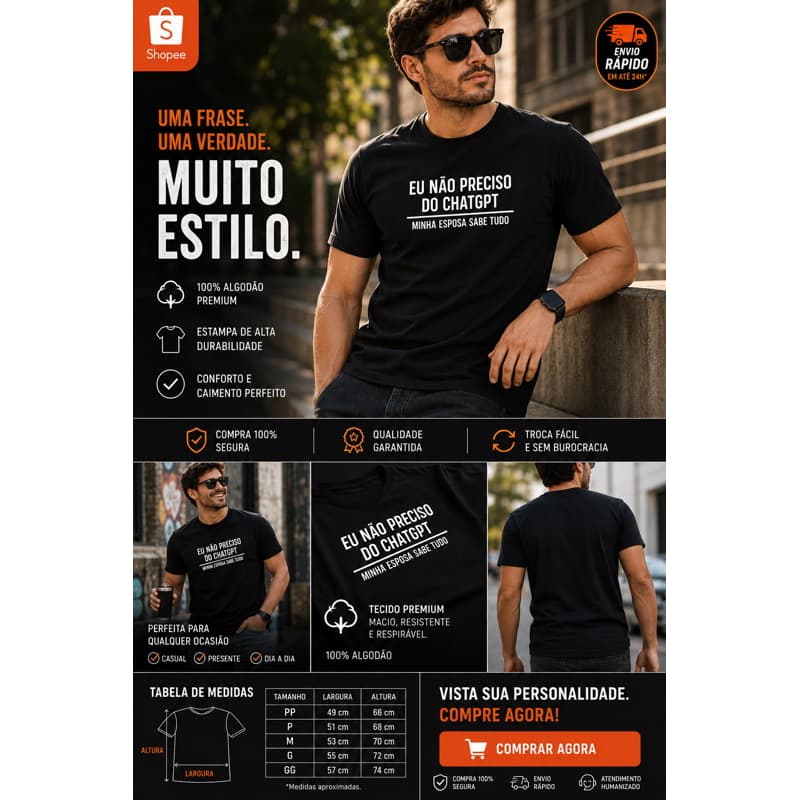 Camiseta Engraçada Masculina Eu Não Preciso do ChatGPT Minha Esposa Sabe Tudo 100% Algodão