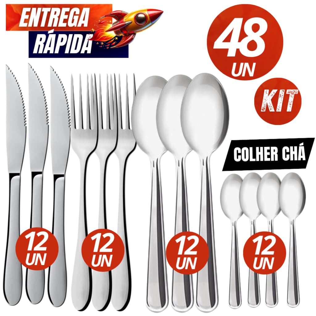Combo 48/36/24  Unidades -  Faca + Garfo + Colher + Colher de Chá Garfos Facas Colheres e Colheres de chá Linha Inox