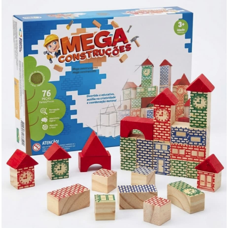 Blocos de Montar Madeira 76 a 120 Peças Mega Construções Infantil Educativo +3 Anos Criatividade Criança