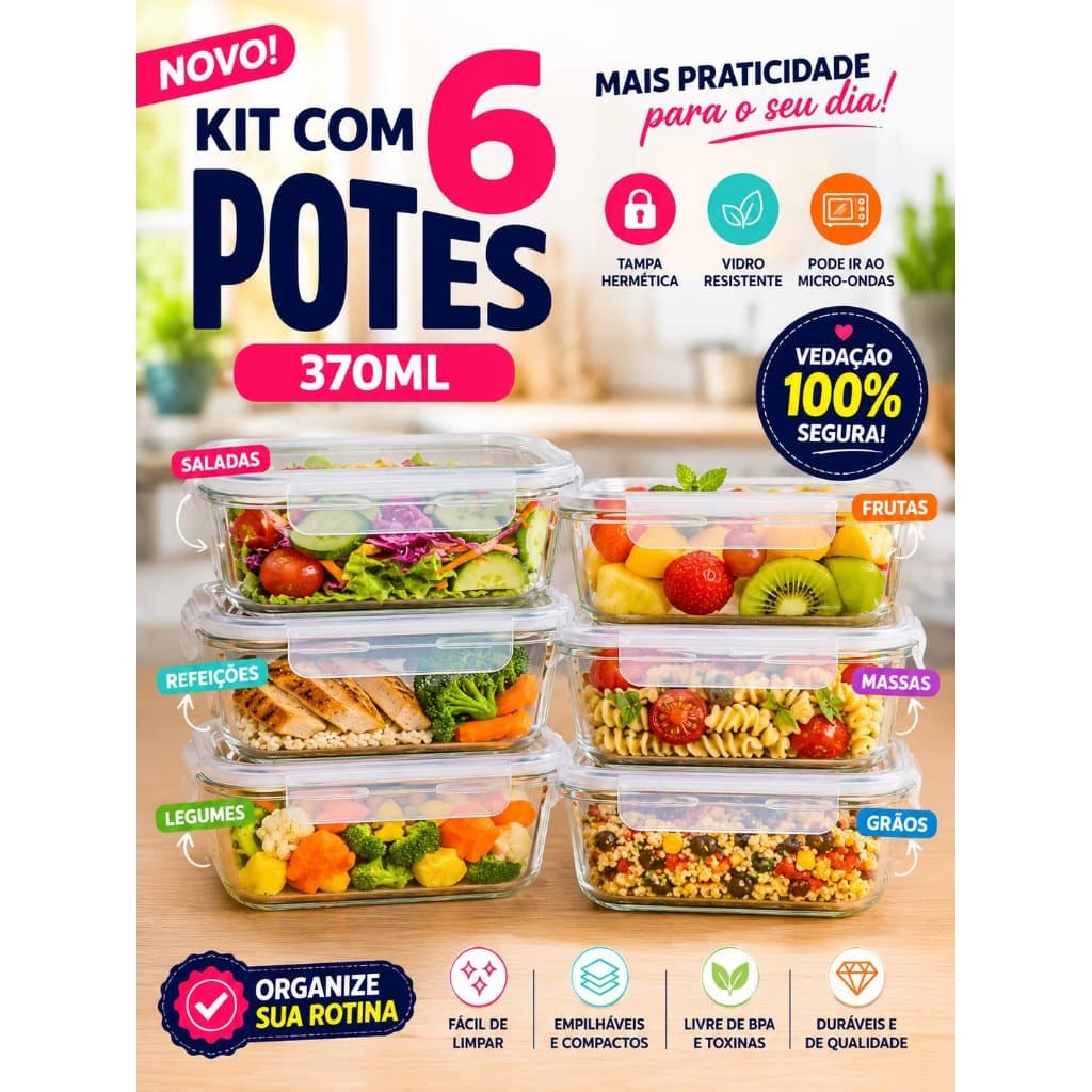 Kit 6 Potes De Vidro Retangular Com Tampa Hermética 370ML