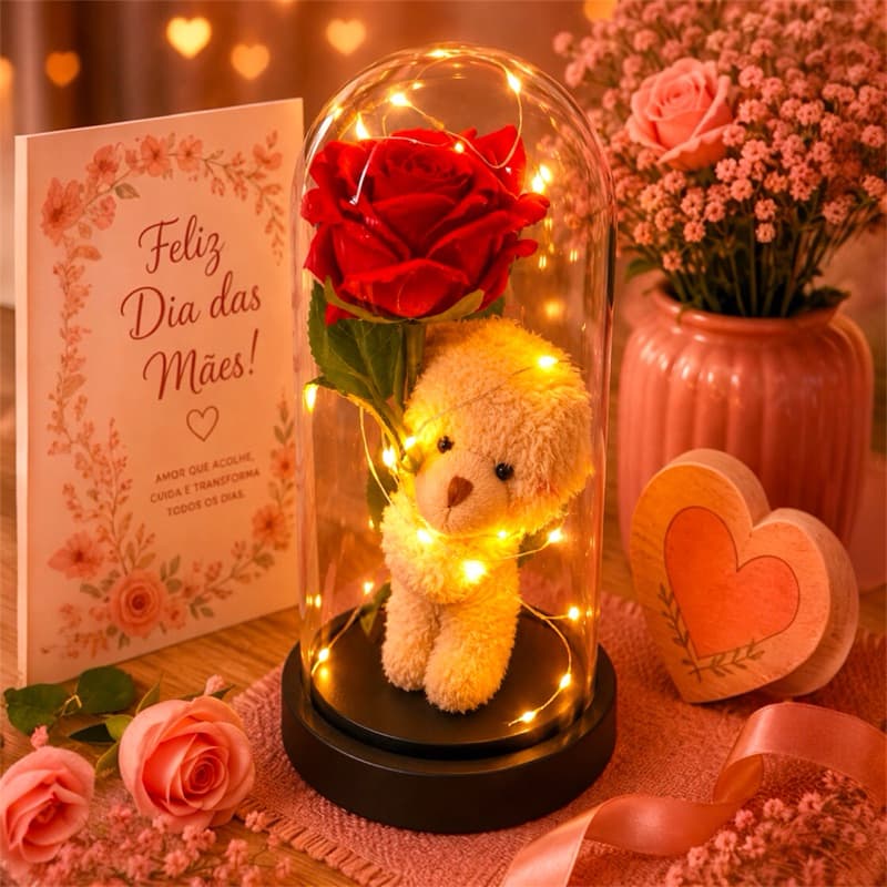 Luminária Rosa Encantada LED Cápsula Acrílica A Bela e a Fera Decoração Presente Dia dos Namorados