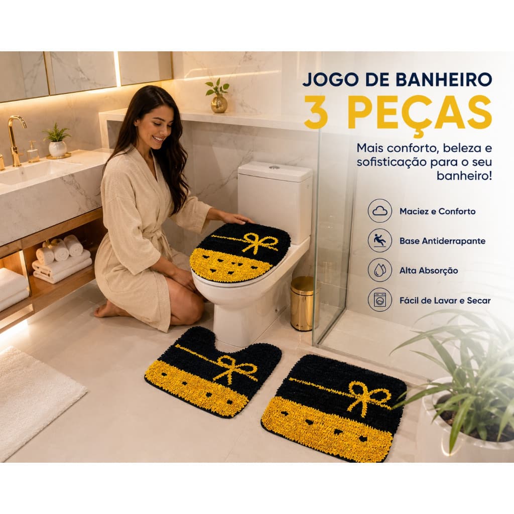 Jogo de Banheiro 3 Peças Preto e Amarelo – Macio, Elegante