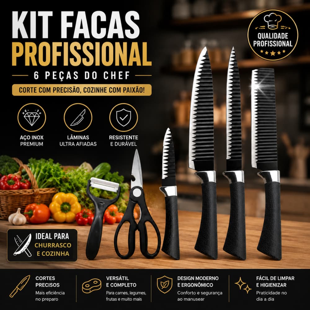 Kit Facas de Cozinha/Churrasco Profissional Antiaderente Jogo 6 Peças do Chef Master Profissional