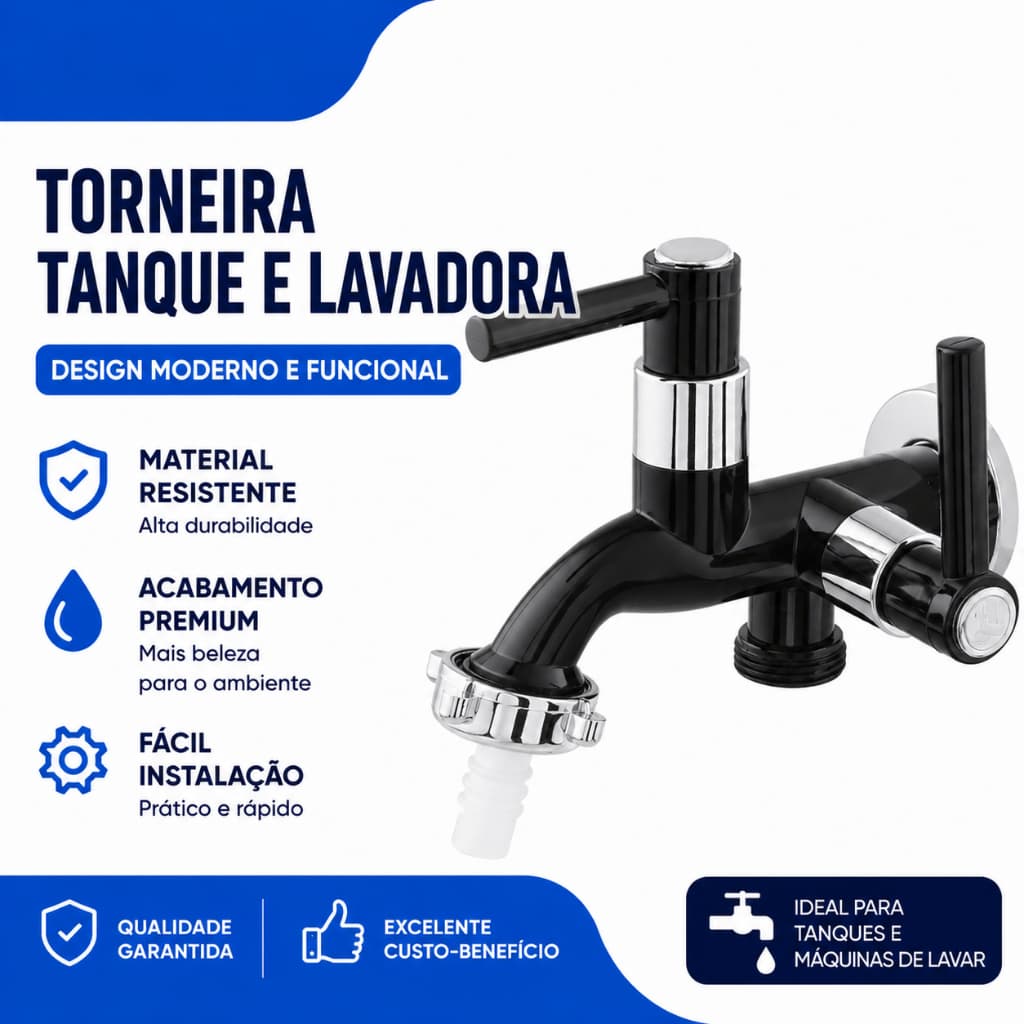 Torneira Preta c 72 com duas saidas de Água para Tanque/ Maquina