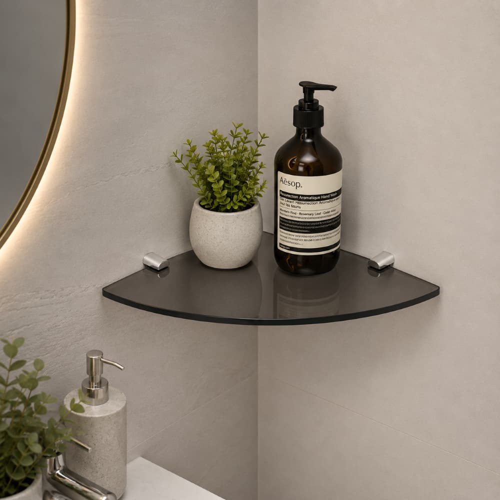 Porta Shampoo Sem Haste para Banheiro Prateleira Canto Organizadora Cantoneira Decorativa Premium Vidro 29cm