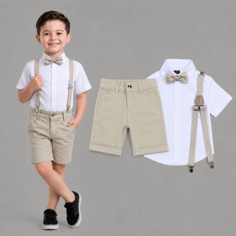 Conjunto Infantil Camisa Social Bermuda Suspensório Gravata