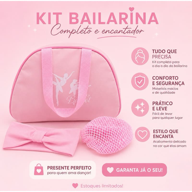 kit ballet infantil c/ bolsa bailarina, faixa de nó + rede de coque - rosa bebê