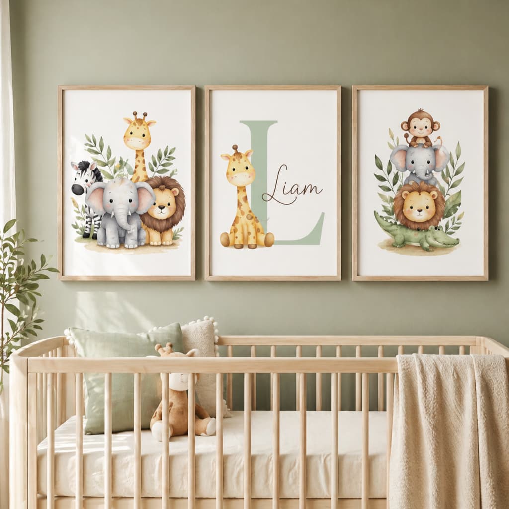 (MANDAR O NOME NO CHAT) Kit 3 Quadros Infantil Safari Personalizado Nome Bebê Animais Selva Quarto Menino