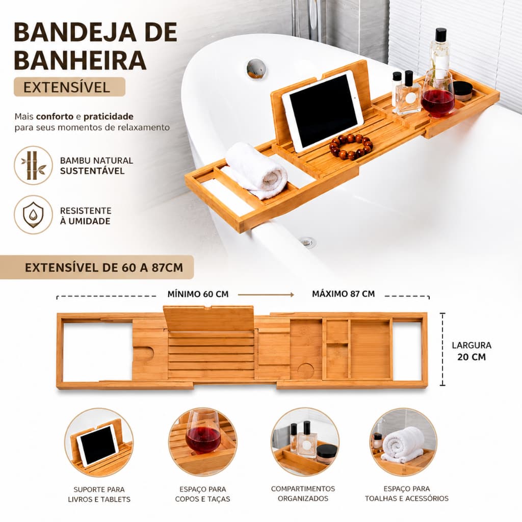 Bandeja de Banheira Extensível em Bambu Expansível 60 a 87cm Suporte Tablet Taça