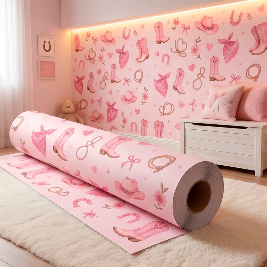 Papel de Parede Adesivo Para Quarto Infantil Cowgirl Rosa Bota Boiadeira