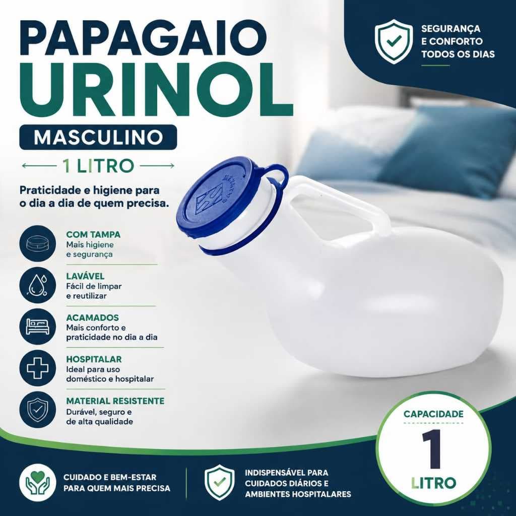Coletor de Urina Hospitalar Papagaio 1000ml Com Tampa Para Acamados Emergência Incontinência Urinaria Masculino Envio IM