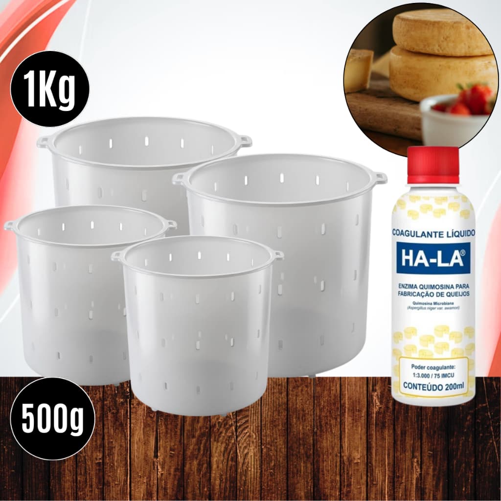 Kits Queijeiro Coalho HA-LA + Formas 500g e 1kg (especial e reforçadas) p/ queijos Minas e Requeijão