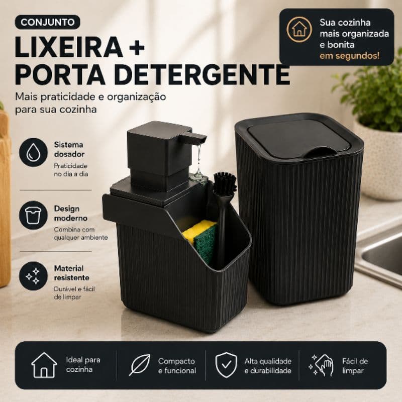 kit Lixeira + Porta Detergente  Organizador Pia cozinha