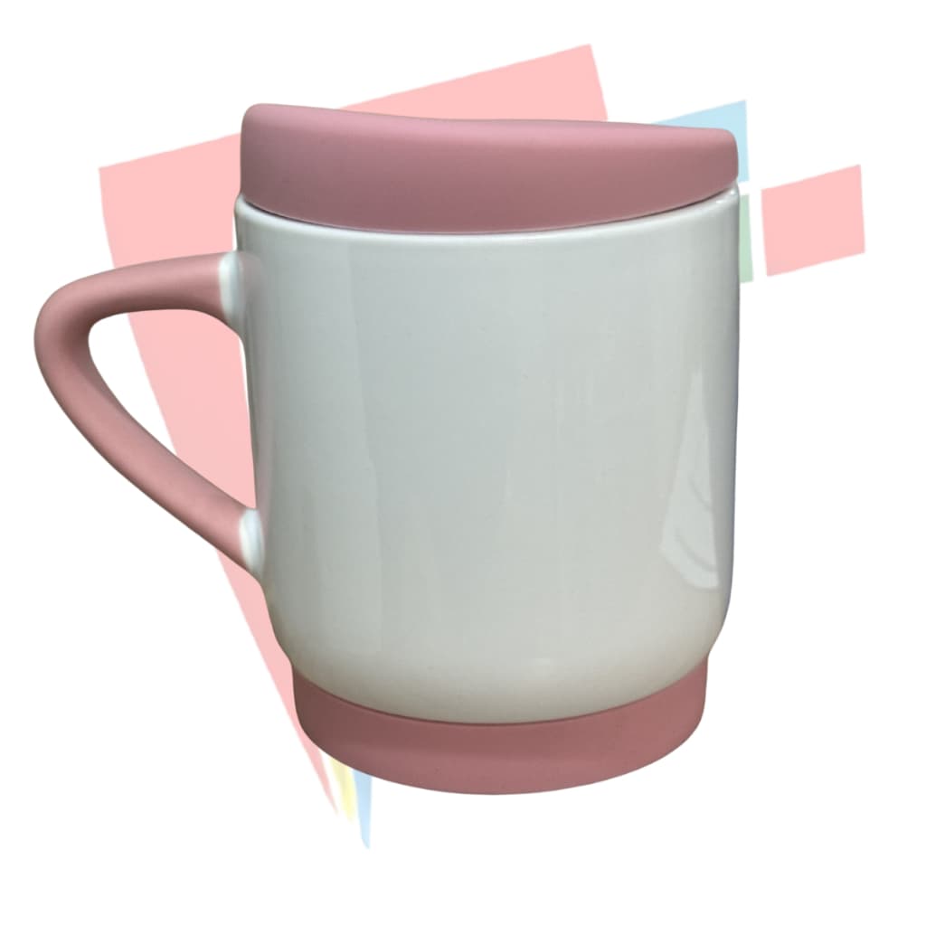 1un CANECA CERÂMICA 400ML BRANCO ALÇA SOFT BASE TAMPA SILICONE ROSA
