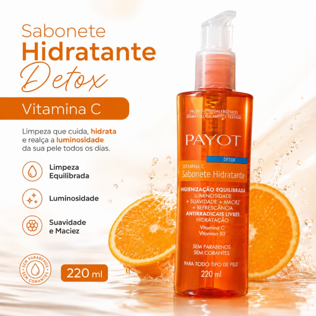 Sabonete Hidratante Detox Payot Vitamina C 220ml Limpeza Equilibrada Pele Macia e Luminosa