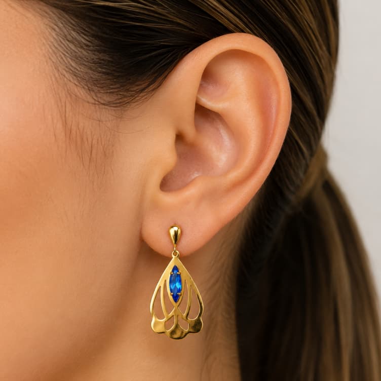 Brinco Grande Com Pedra Folheado Semi-Joia Elegante Festa Dourado Vermelho Azul