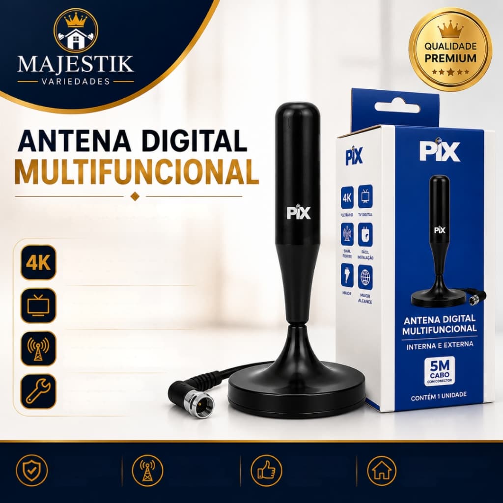 Antena Digital PIX HDTV4K Canais Abertos Interna/Externa para Smart TV de Casa, Apartamento