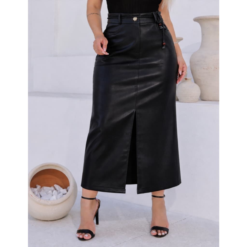 Saia Midi Feminina Santa Rosa Courino Premium Inverno Fenda Frontal Cintura Alta