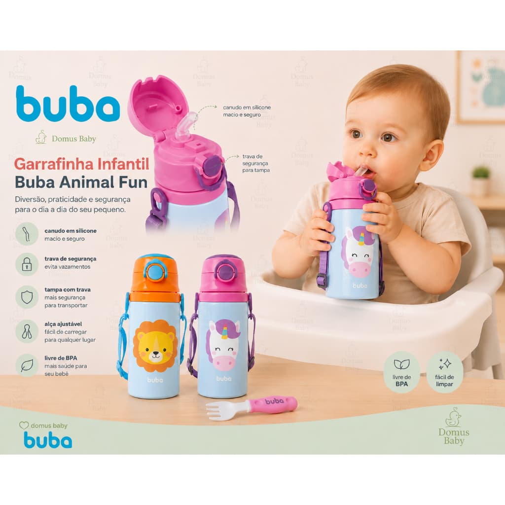 Garrafinha Infantil Buba Animal Fun Alumínio 400ml com Bico Silicone