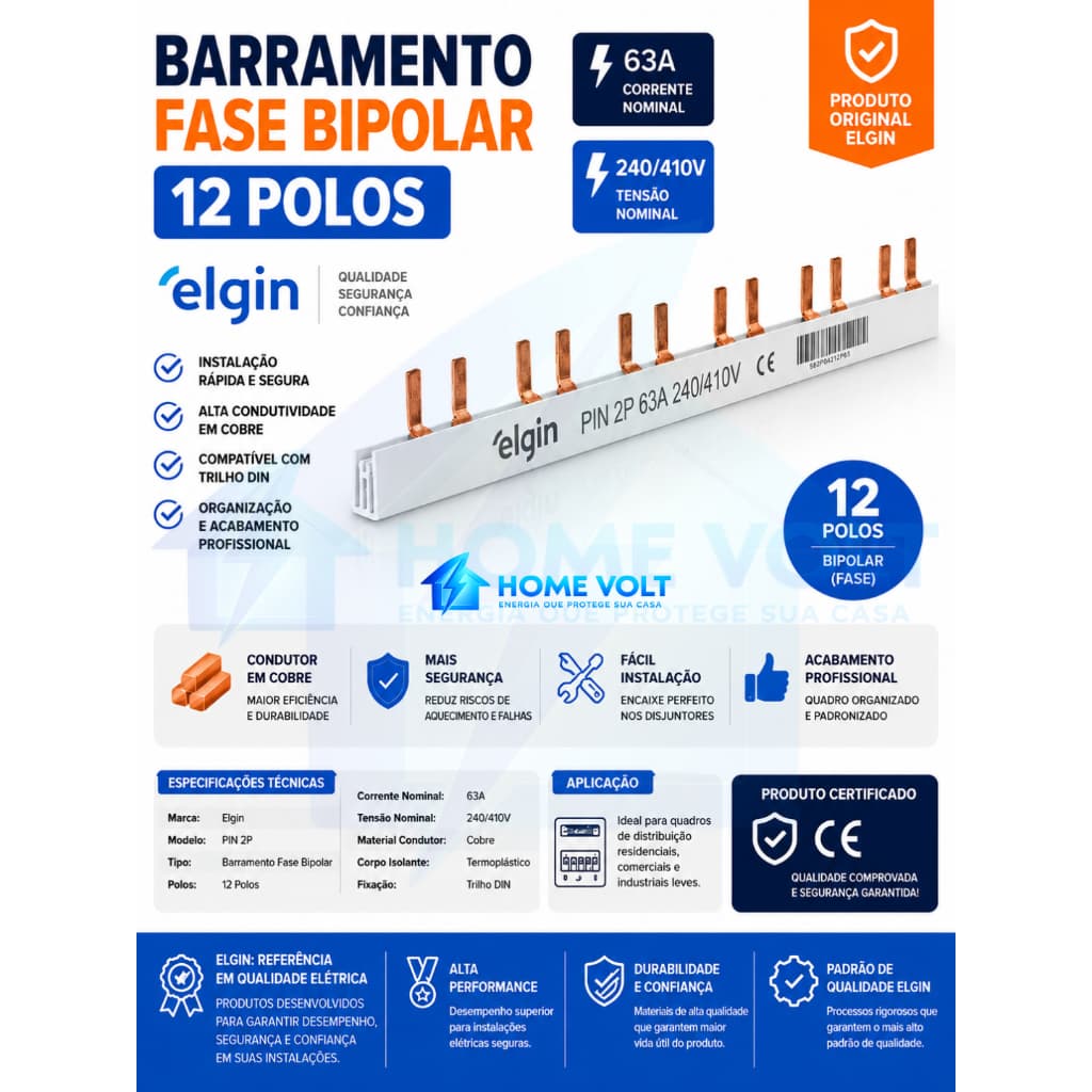 Barramento Fase Monopolar Bipolar Tripolar 12 Polos Elgin Trilho DIN 63A Original CE Alta Qualidade!