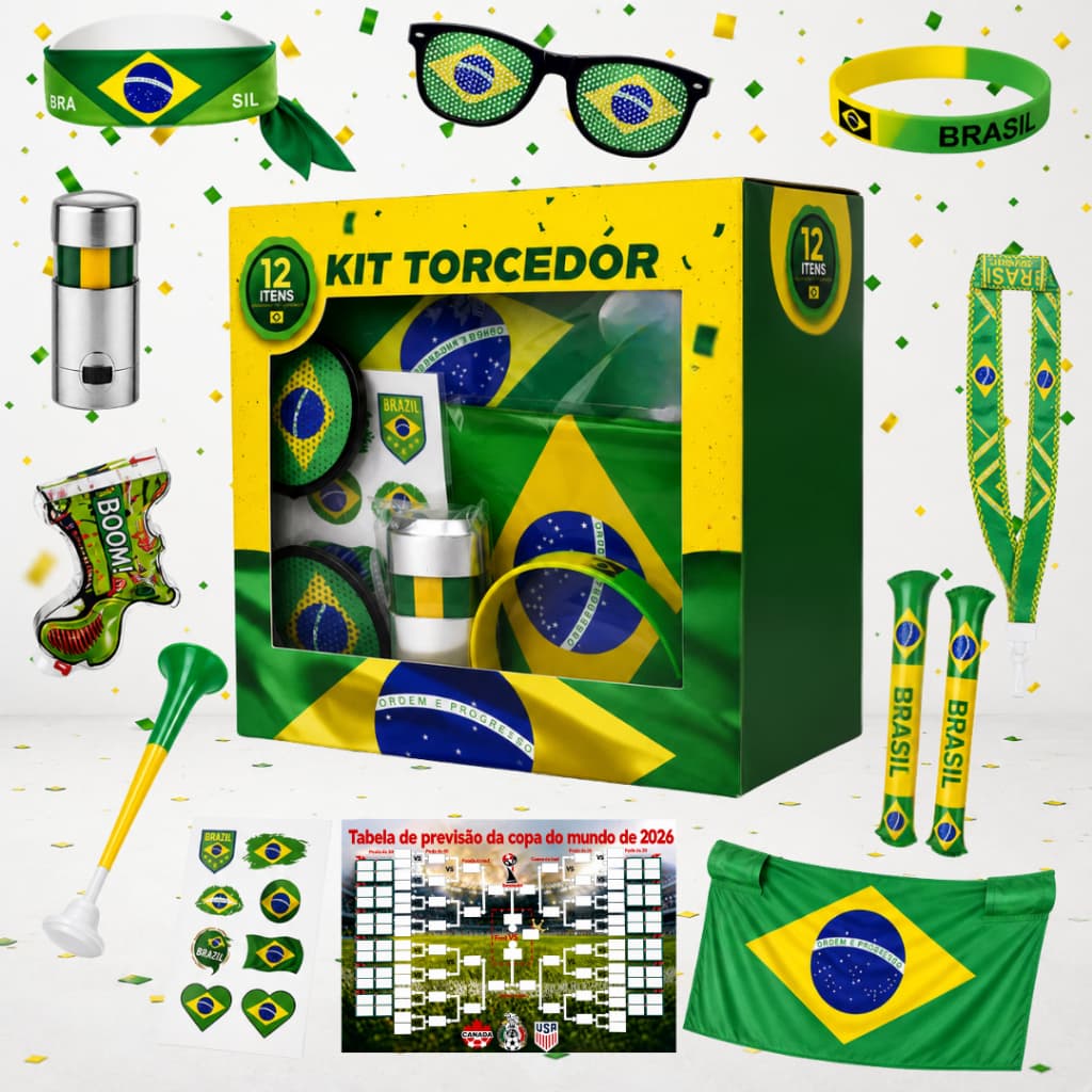 Combo Torcedor de Futebol Kit 12 Peças Copa do Mundo Brasil 2026 Bandeira Vuvuzela Confete Faixa