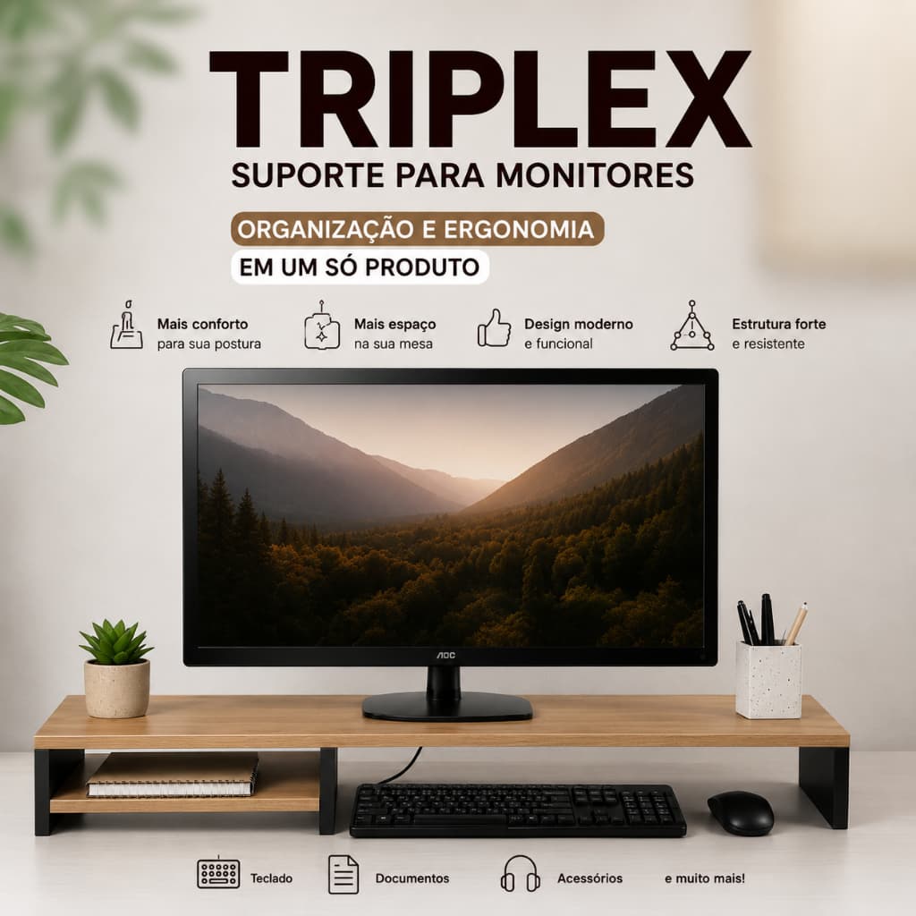 Suporte Para Monitor Triplex 100cm Organizador Mesa Home Office Gamer Mel Preto Ergonômico