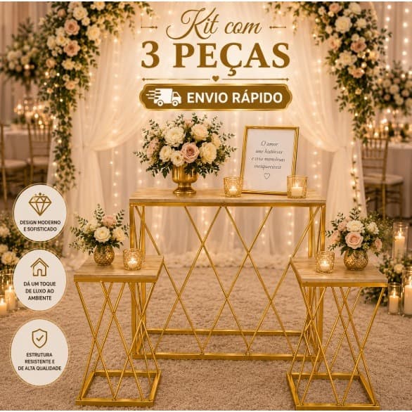Kit 3 Mesa Treliça Teia Dourado Festa 3 Peças 1G e 2P para Festas e Eventos