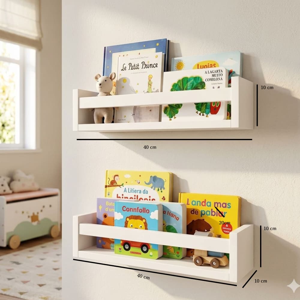 2 Prateleiras Livros Infantis 40cm – Suporte de Parede MDF – Quarto Infantil