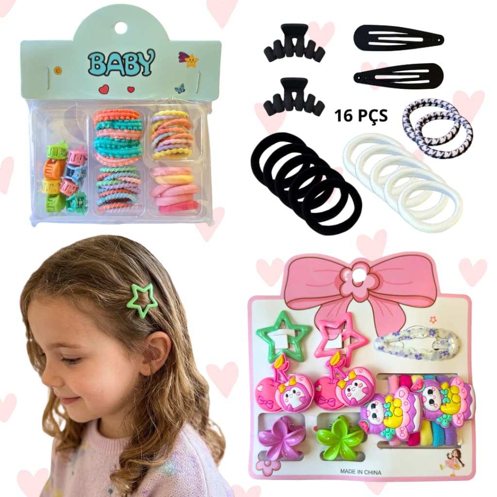 Kit Acessórios de Cabelo Infantil e Adulto 12 a 45 Peças – Presilhas, Elásticos e Piranhas Kawaii Coloridas