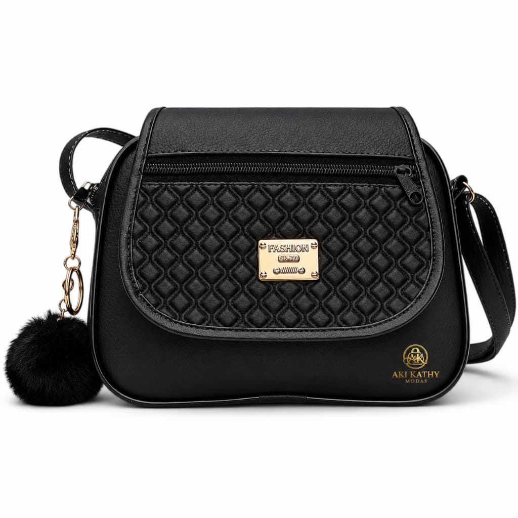 Bolsa Feminina Transversal com Tampa Tiracolo Lateral Pequena 3 Ziper de Couro Sintético + Chaveiro