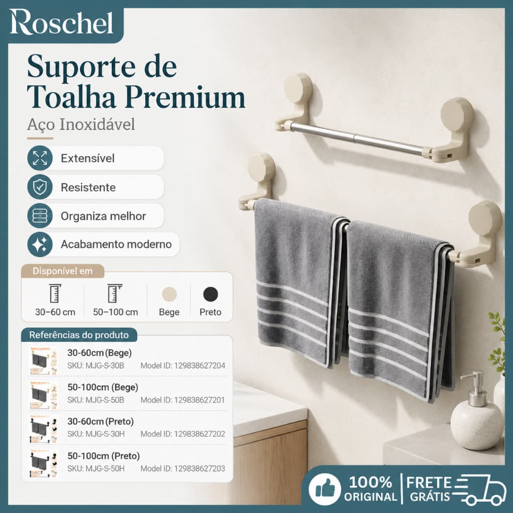 Porta Toalha Retrátil com Ventosa para Banheiro - Toalheiro Sem Furo Multifuncional