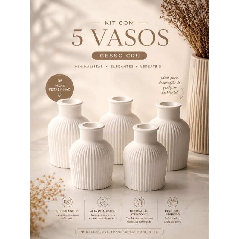 Kit 5 ou 10 Vasos Decorativos em Gesso Cru Minimalista | Centro de Mesa Festa Sala Quarto