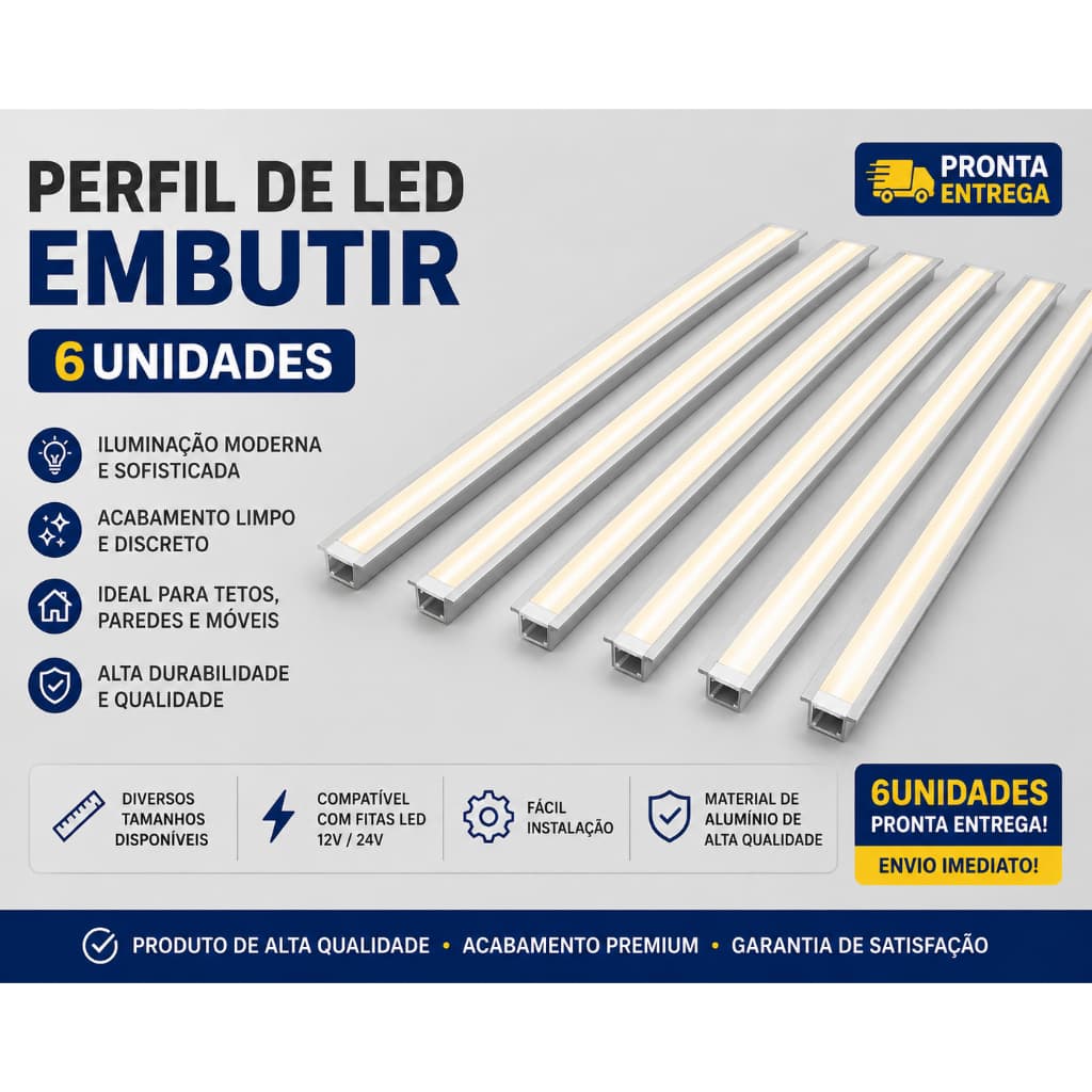 kit 6 Perfil de LED Completo Sobrepor 90cmx20mm 10W com Driver Incluso Iluminação Moderna