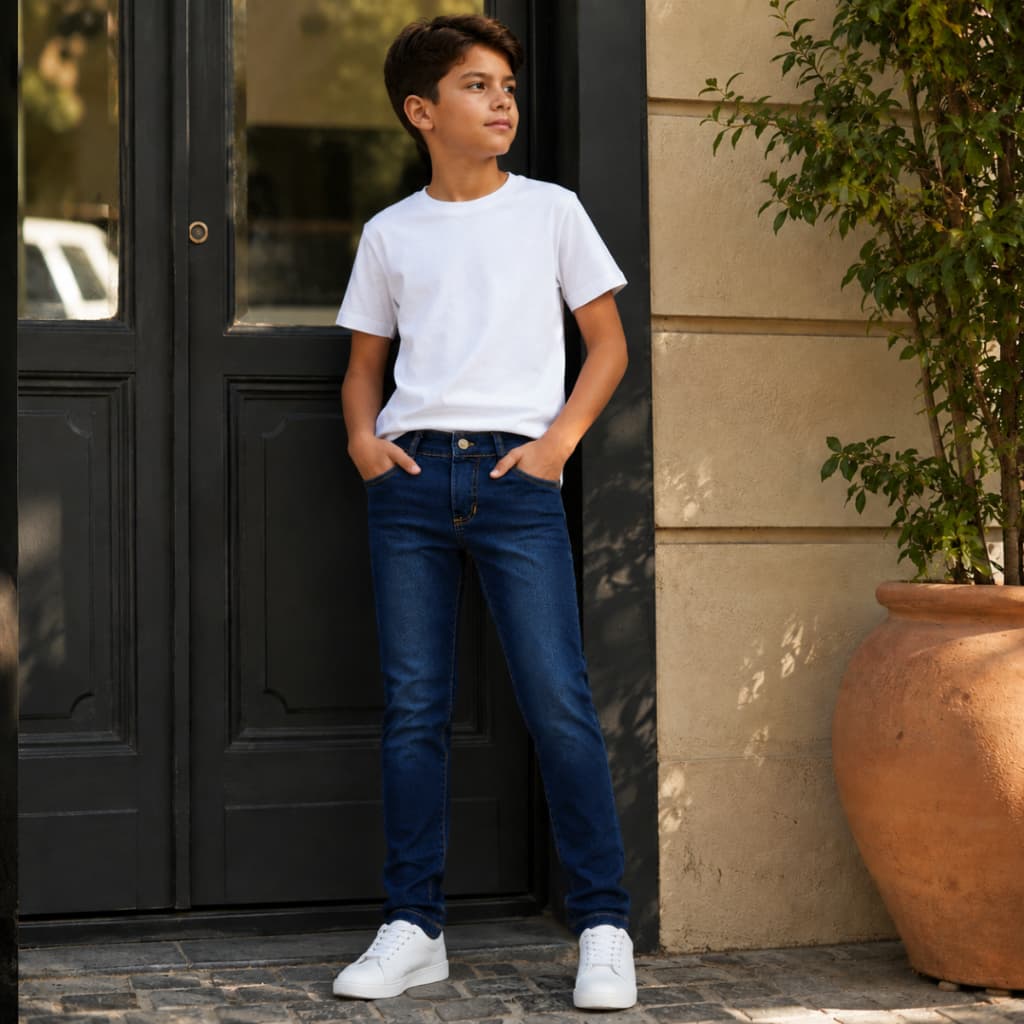 Calça Jeans Infantil Masculina Slim Azul Escuro com Elastano e Regulagem Interna 4 ao 8