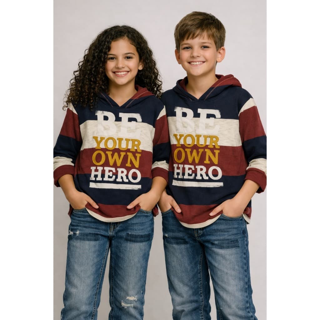 Blusa de malha frio manga longa com capuz Infantil Milon com Capuz | Listrada Azul, Vinho e Bege | 8 Anos