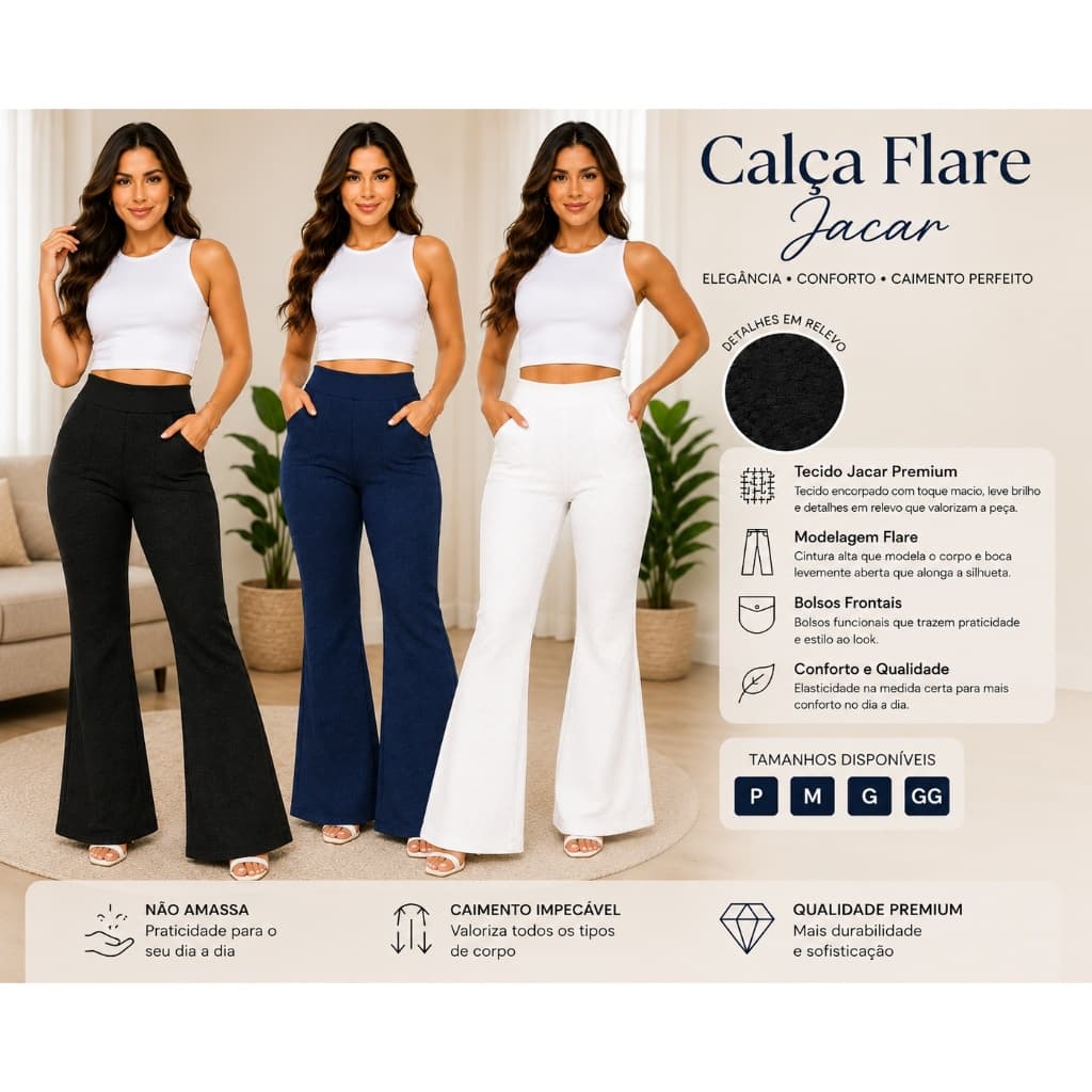 Calça Feminina Flare Malha Jacar Com Dois Bolsos N