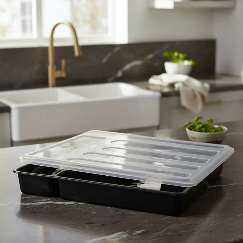 COZINHA ORGANIZADOR DE TALHERES 6 DIVISORIAS COM TAMPA PORTA TALHER GARFO FACA COLHER CONCHAS