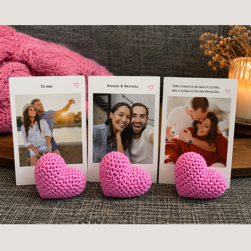Kit 3 Porta Fotos Personalizados com Foto e Frases Presente Namorados Decorativo Coração Texturizado