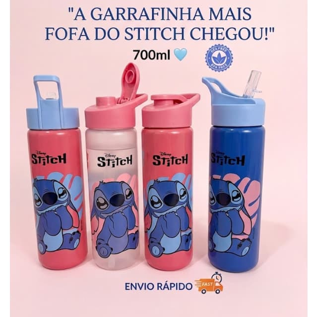Garrafa Stitch Infantil de Água Squeeze Escola Lancheira Personalizada