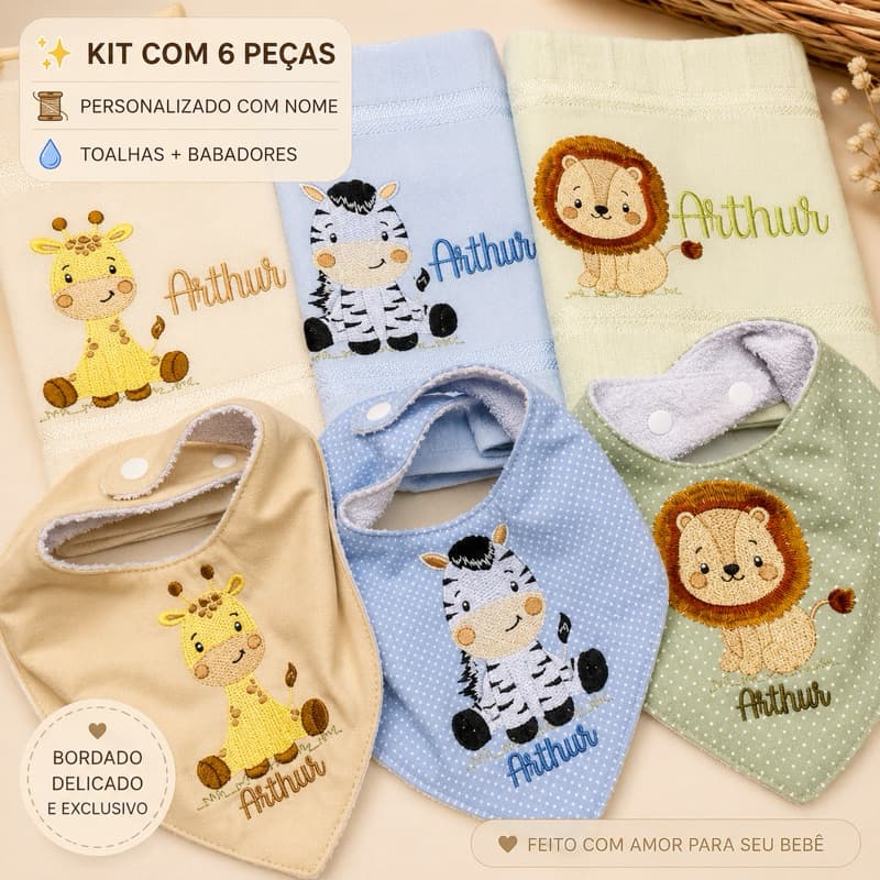Kit 3 Toalhas + 3 Babadores Personalizados Com Nome Safari Bebê