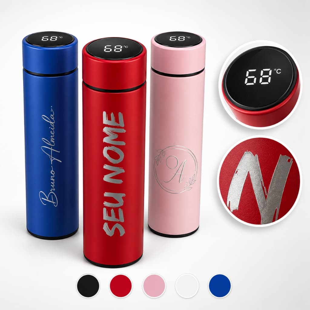 Kit 10 Garrafas Térmica Personalizada com LED inteligente 500ML - Nome, Logo, Desenho, Time