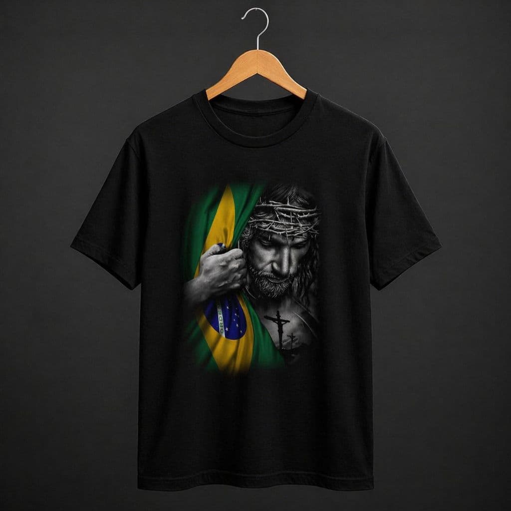 Camiseta Jesus Cristo Brasil Masculina Feminina Gospel Cristã Evangélica Fé Religiosa Preta Algodão Casual Streetwear
